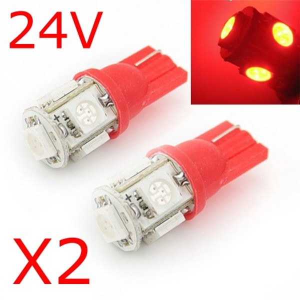 2 x T10 W5W 24V - 5 LEDS SMD ROUGE
