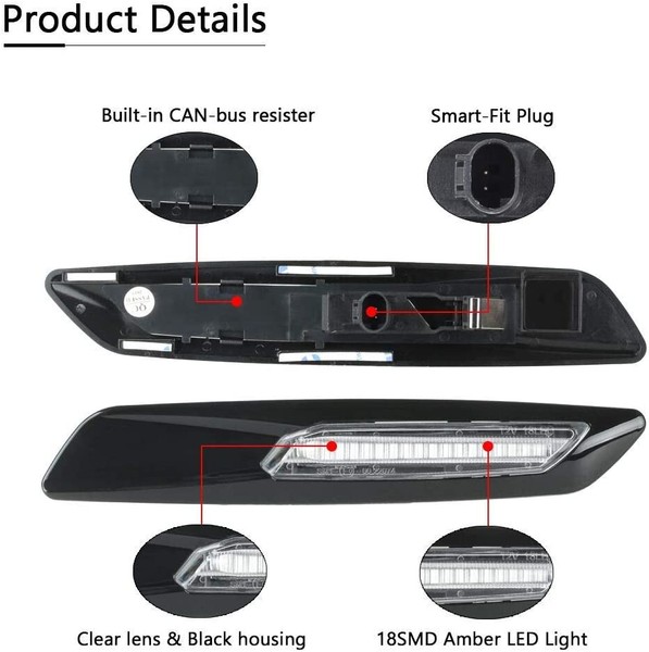Répétiteurs latéraux LED BMW Série E81, E82, E87, E88, E90, E91, E92, E93, E60 et E61- Noir + Verre transparent