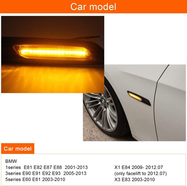 Répétiteurs latéraux LED BMW Série E81 E82 E87 E88 E90 E91 E92 E93 E60 E61 - Noir + Lentille fumée