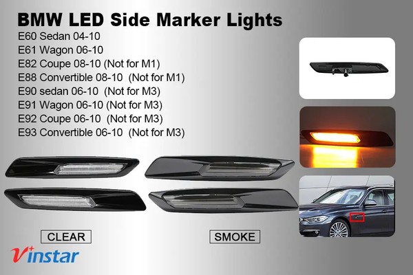 LED-Seitenblinker BMW* Serie E81 E82 E87 E88 E90 E91 E92 E93 E60 E61 – Schwarz + getönte Linse