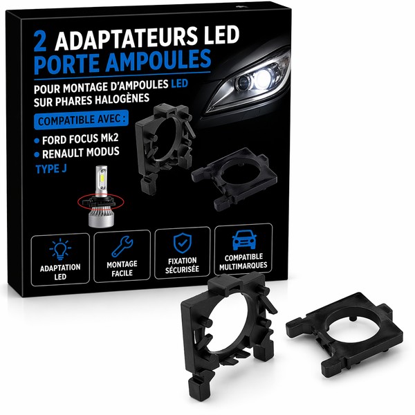 2 LED-lamphouderadapters Ford Focus Mk2, Renault Modus - Type J
